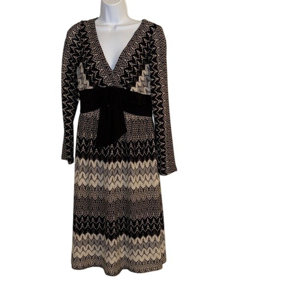 Adrianna Papell Dresses & Skirts - Adrianna Papell Geometric Print V Neck Long Sleeve Maxi Dress Black White 10
